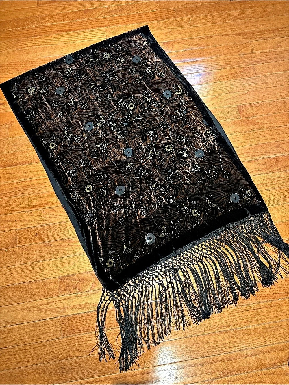Paisley Fringe Scarf in Black & Brown